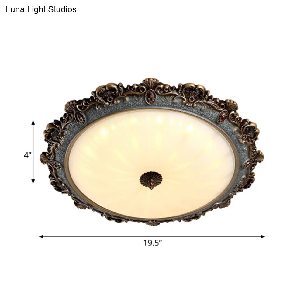 Rustic Brass Scalloped Round Flush Mount Ceiling Fixture With Milk Glass - Led 3 Sizes Countryside