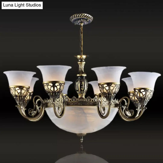 Frosted White Glass Hanging Lamp - Rustic Bronze Dining Room Chandelier With 11 Lights