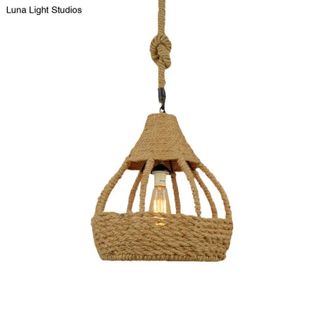 Rustic Brown Balcony Pendant Light Fixture With Rope Dome Shade - Country Style Suspension