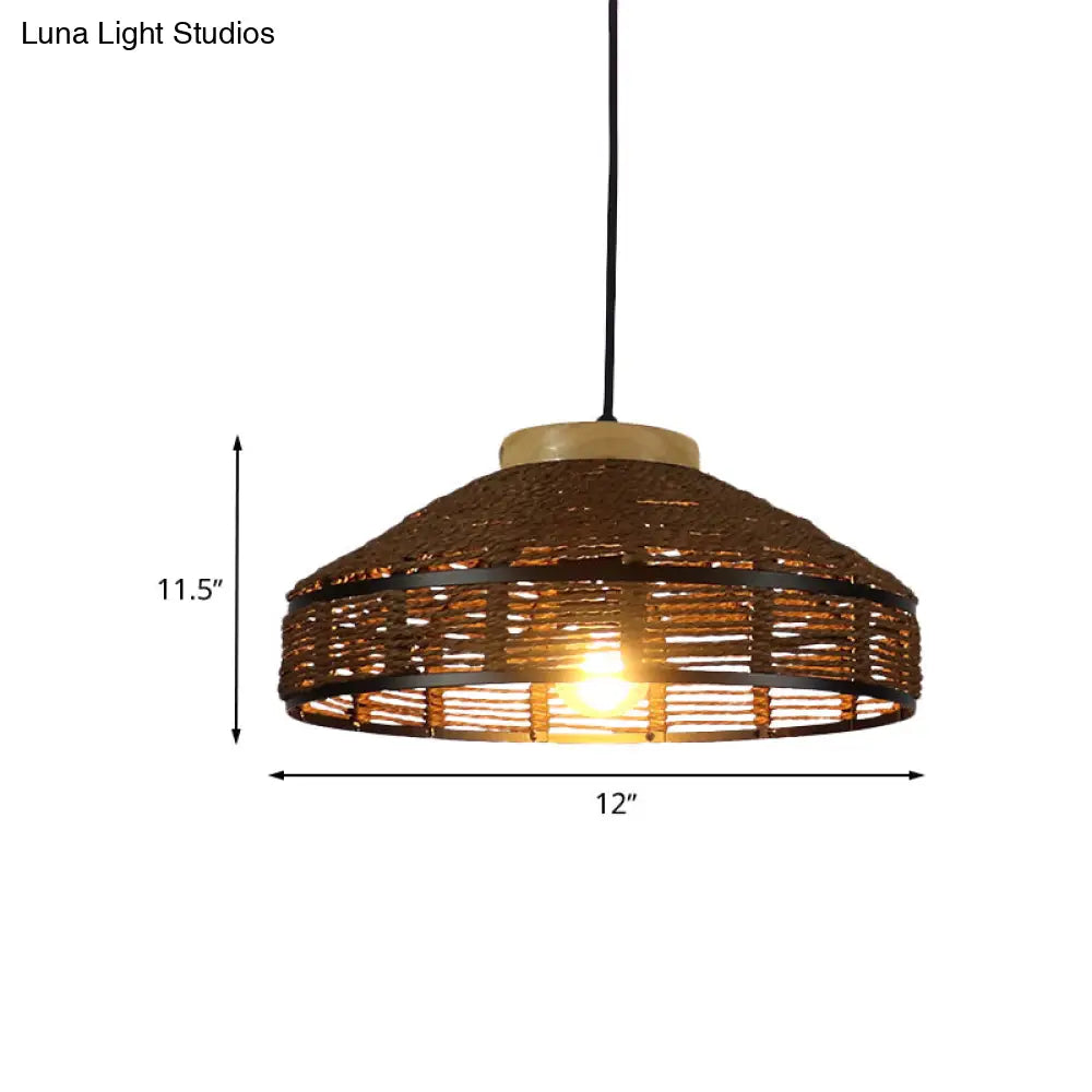 Rustic Brown Barn Shade Pendant Light - Single Woven Rattan Suspension Lamp With Wooden Cap For