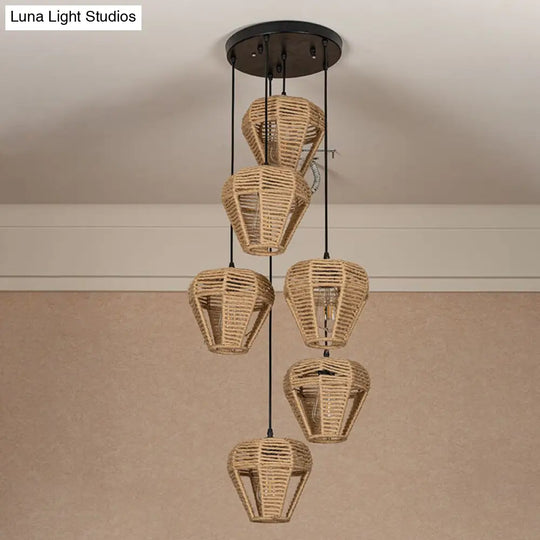 Rustic Brown Hemp Rope Multi Pendant Light Fixture With Inverted Droplet Design - 3/6-Light