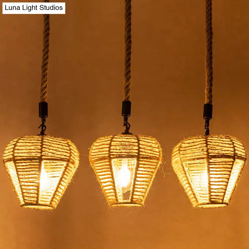 Rustic Brown Hemp Rope Pendant Light Fixture With Inverted Droplets - Multi-Light Option