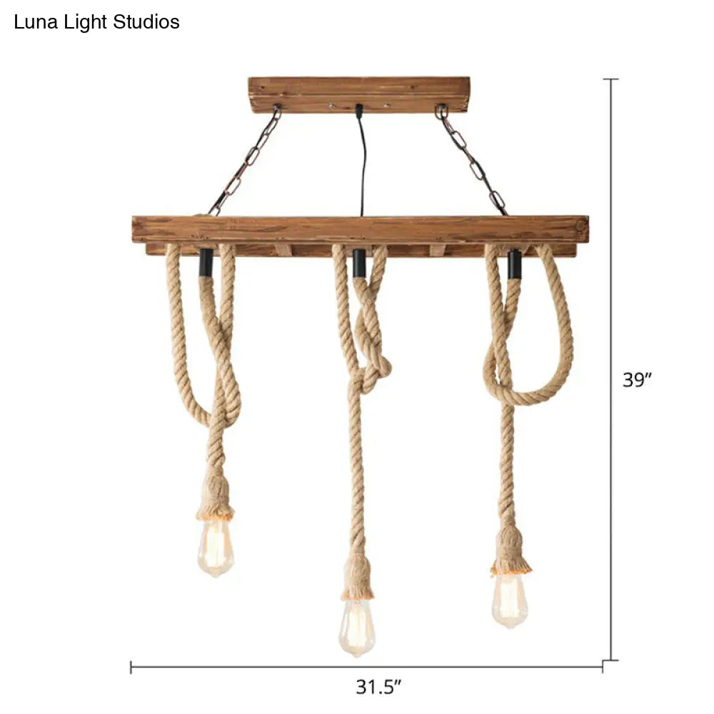 Rustic Restaurant Pendant Light Fixture - Naked Bulb Roped Suspension Lamp In Brown / Rectangle