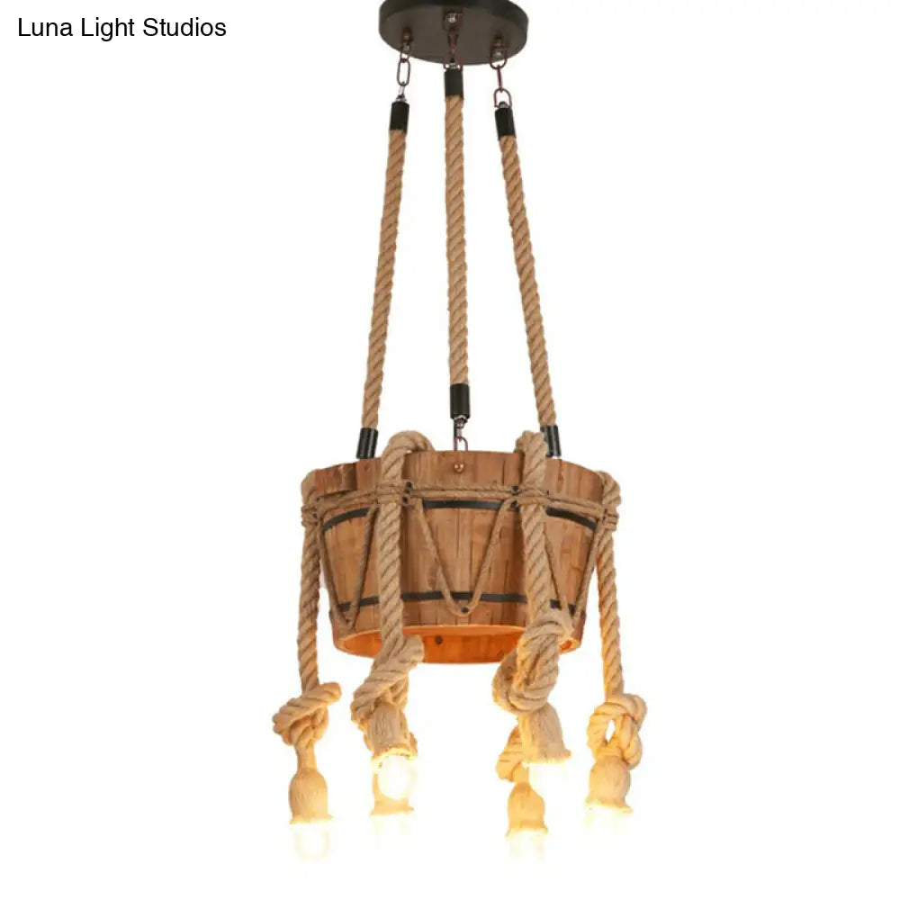 Rustic Restaurant Pendant Light Fixture - Naked Bulb Roped Suspension Lamp In Brown