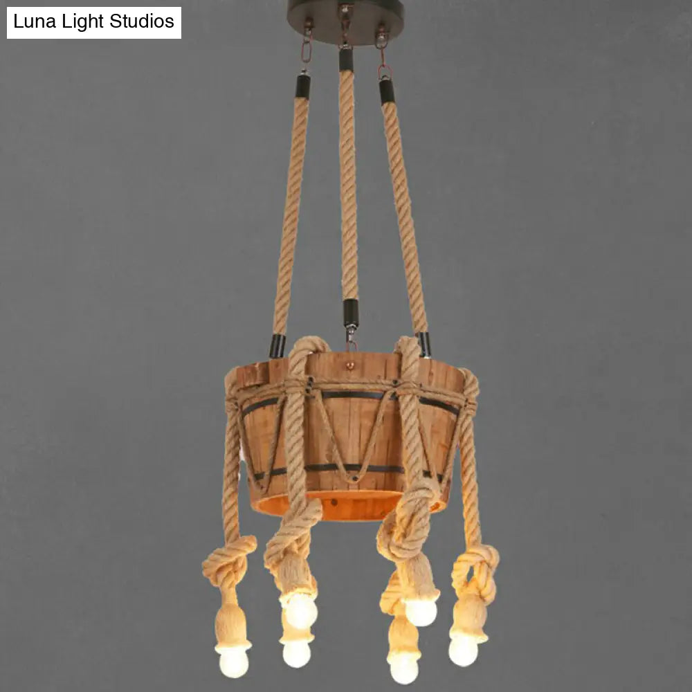 Rustic Restaurant Pendant Light Fixture - Naked Bulb Roped Suspension Lamp In Brown
