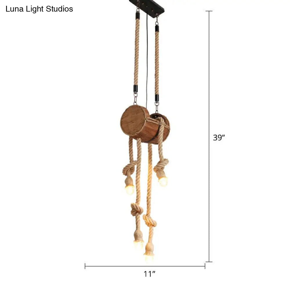 Rustic Restaurant Pendant Light Fixture - Naked Bulb Roped Suspension Lamp In Brown / Cylinder
