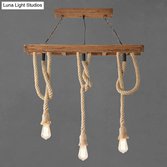 Rustic Restaurant Pendant Light Fixture - Naked Bulb Roped Suspension Lamp In Brown