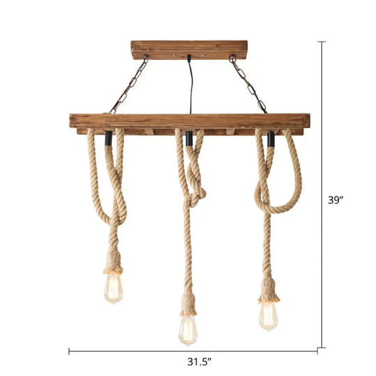 Rustic Brown Naked Bulb Pendant Light - Restaurant Suspension Lamp With Rope Fixture / Rectangle