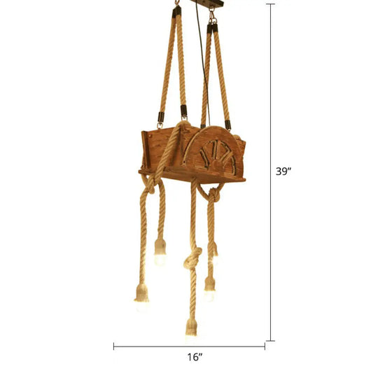 Rustic Brown Naked Bulb Pendant Light - Restaurant Suspension Lamp With Rope Fixture / Wheel