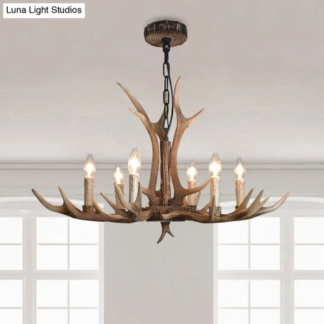 Rustic Brown Resin Antler Chandelier Ceiling Light With Candle Design - Authentic Look