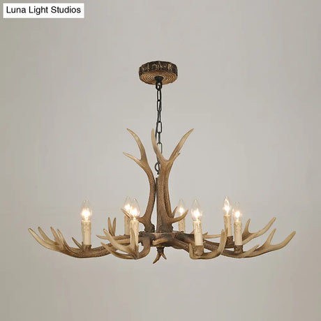 Rustic Brown Resin Antler Chandelier Ceiling Light With Candle Design - Authentic Look