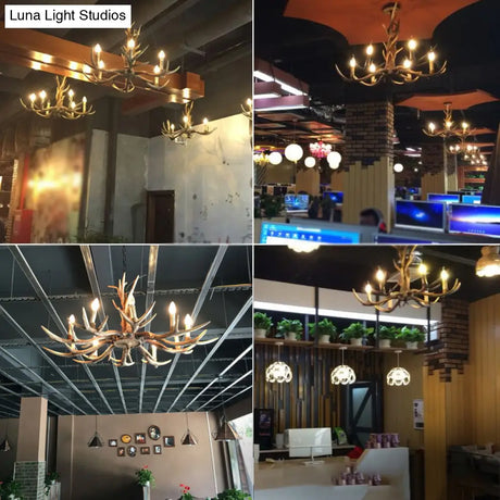 Rustic Brown Resin Antler Chandelier Ceiling Light With Candle Design - Authentic Look