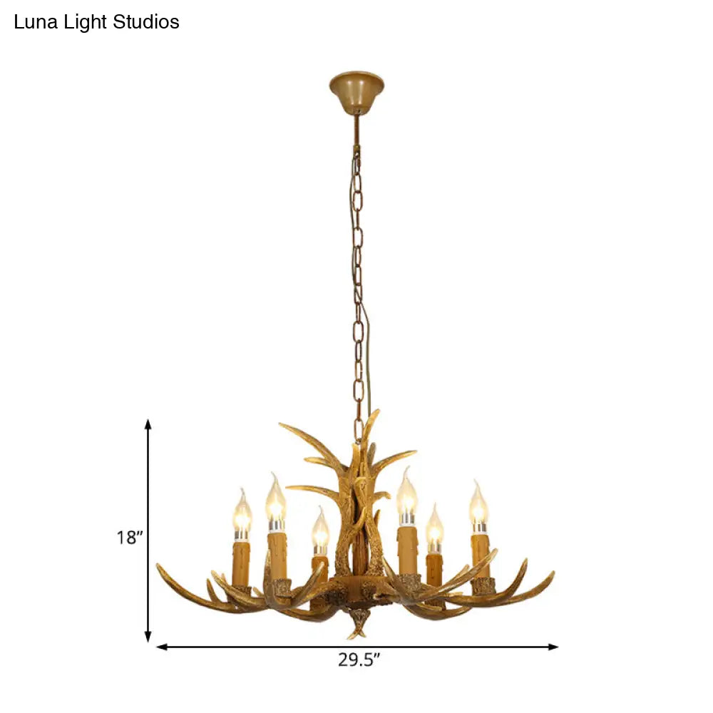 Rustic Brown Resin Chandelier With Deer Antler - 4/6/8 Heads Candle Pendant Light For Dining Room