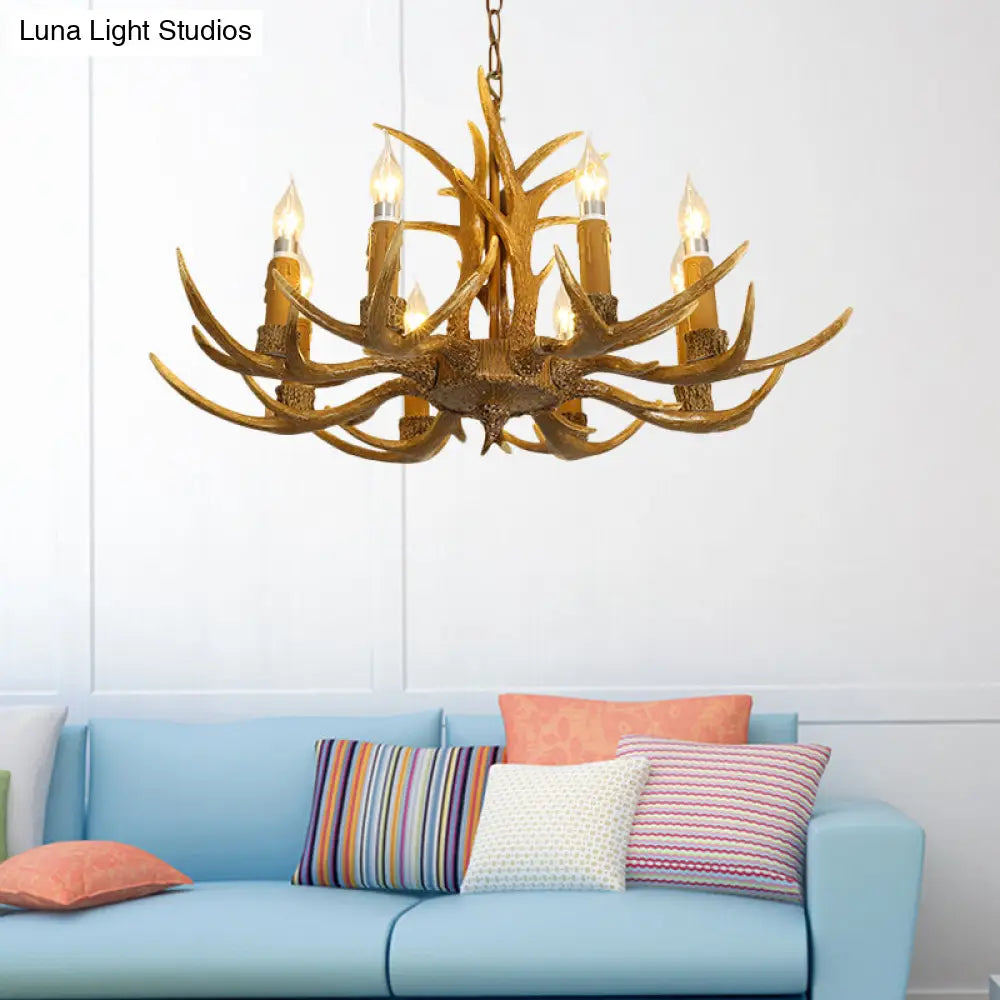 Rustic Brown Resin Chandelier With Deer Antler - 4/6/8 Heads Candle Pendant Light For Dining Room