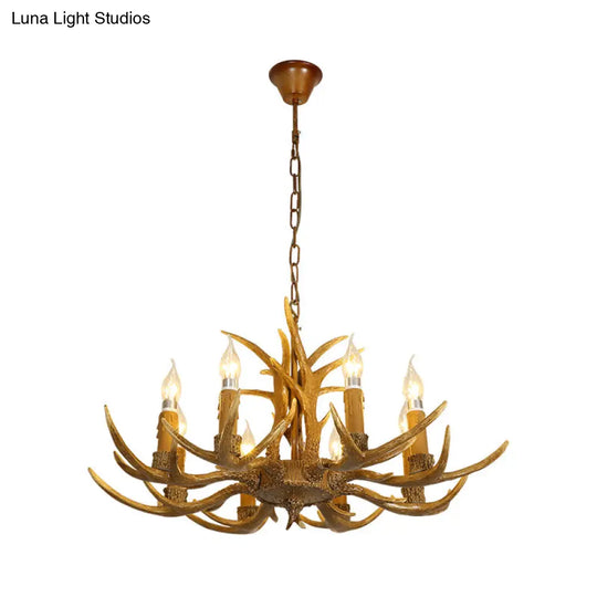 Rustic Brown Resin Chandelier With Deer Antler - 4/6/8 Heads Candle Pendant Light For Dining Room