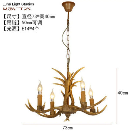 Rustic Brown Resin Chandelier With Deer Antler - 4/6/8 Heads Candle Pendant Light For Dining Room
