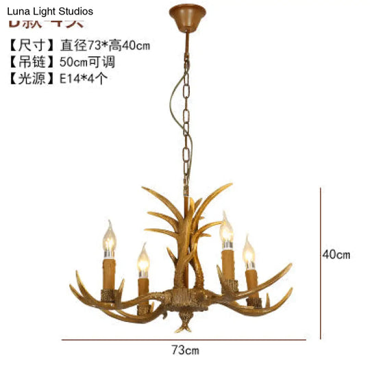 Rustic Brown Resin Chandelier With Deer Antler - 4/6/8 Heads Candle Pendant Light For Dining Room