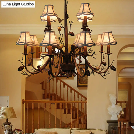 Rustic Brown Scalloped Chandelier With 12 Lights Metal Pendant Light Fixture And White Fabric Shade