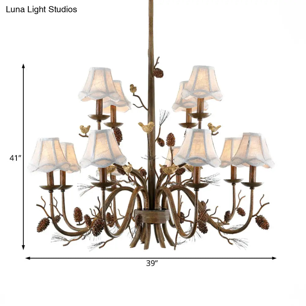 Rustic Brown Scalloped Chandelier With 12 Lights Metal Pendant Light Fixture And White Fabric Shade