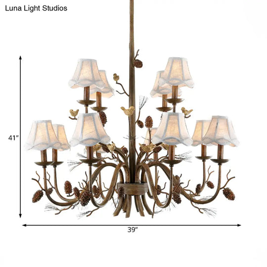 Rustic Brown Scalloped Chandelier With 12 Lights Metal Pendant Light Fixture And White Fabric Shade