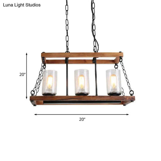 Rustic Brown Seeded Glass Island Light With 3-Bulb Cylinder Design And Wooden Trapezoid Guard For