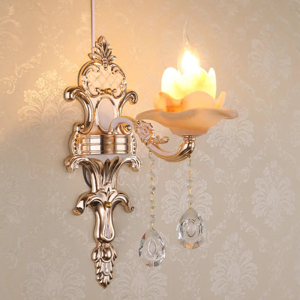 Rustic Bud Wall Light With Ruffle Glass And Crystal Draping In Weathered Zinc - Vintage Mount