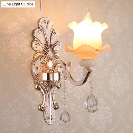 Rustic Bud Wall Light With Ruffle Glass And Crystal Draping In Weathered Zinc - Vintage Mount