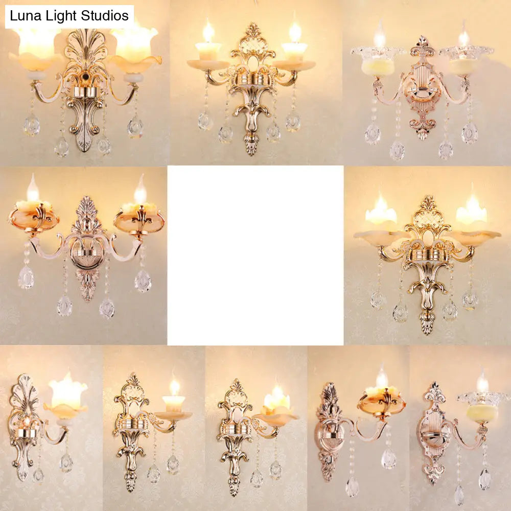Rustic Bud Wall Light With Ruffle Glass And Crystal Draping In Weathered Zinc - Vintage Mount