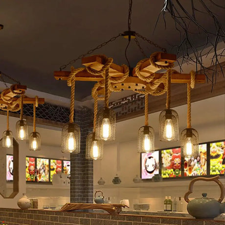 Rustic Caged Dining Room Chandelier Pendant With Retro Metallic Finish - 3/6/8 Lights & Wooden
