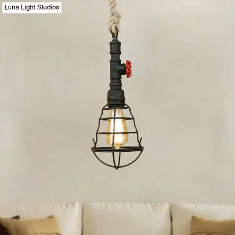 Rustic Caged Pendant Light - Black Metal Hanging With Pipe & Rope Cord Ideal For Bars