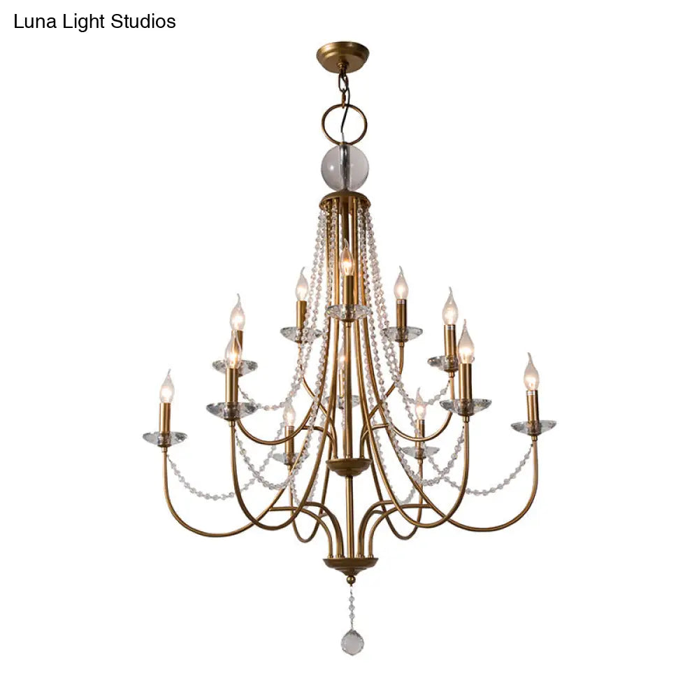 Rustic Candlestick Chandelier With Crystal Strand Elegant Metallic Hanging Light Kit