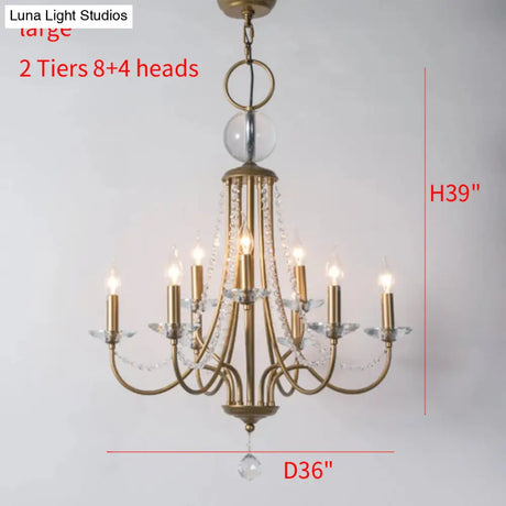 Rustic Candlestick Chandelier with Crystal Strand – Elegant Metallic Hanging Light Kit