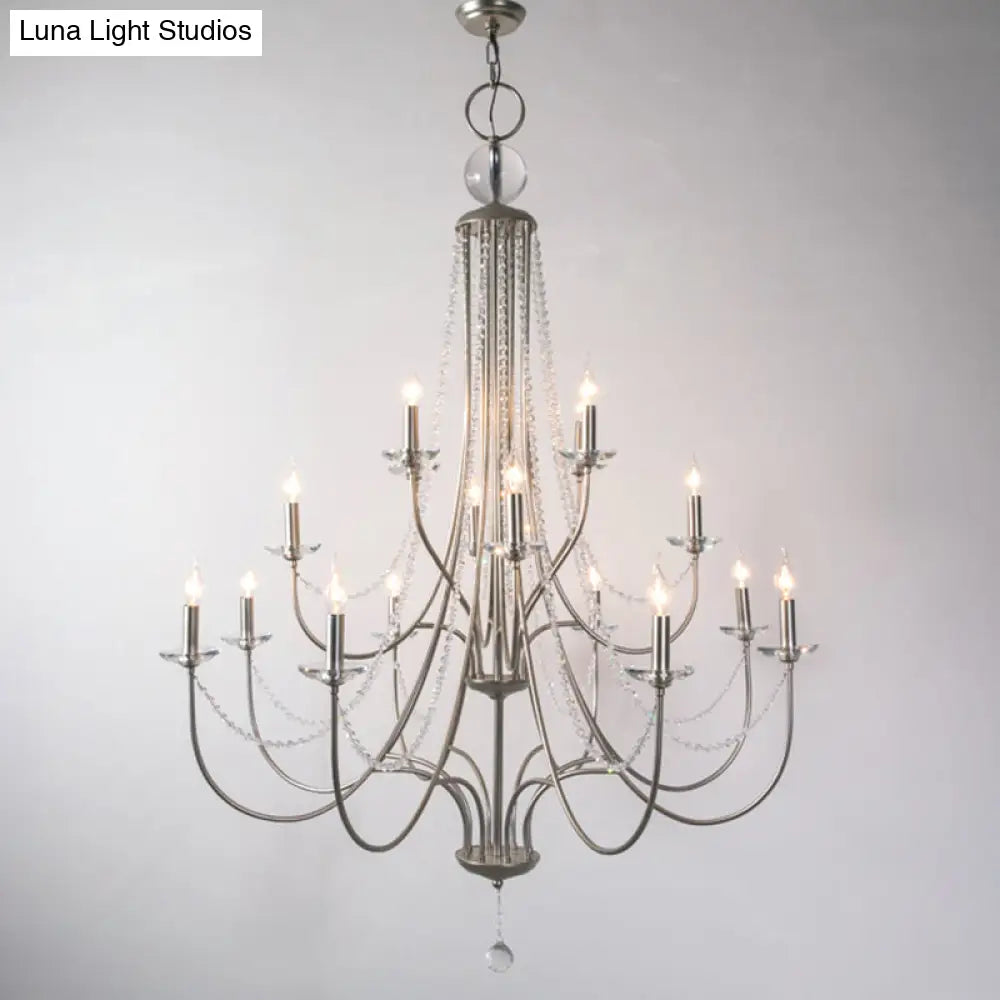 Rustic Candlestick Chandelier With Crystal Strand Elegant Metallic Hanging Light Kit