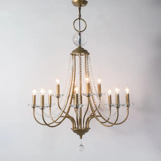 Rustic Candlestick Chandelier With Crystal Strand Elegant Metallic Hanging Light Kit Gold / 2 Tiers