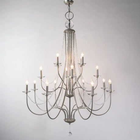 Rustic Candlestick Chandelier With Crystal Strand Elegant Metallic Hanging Light Kit Silver / 3