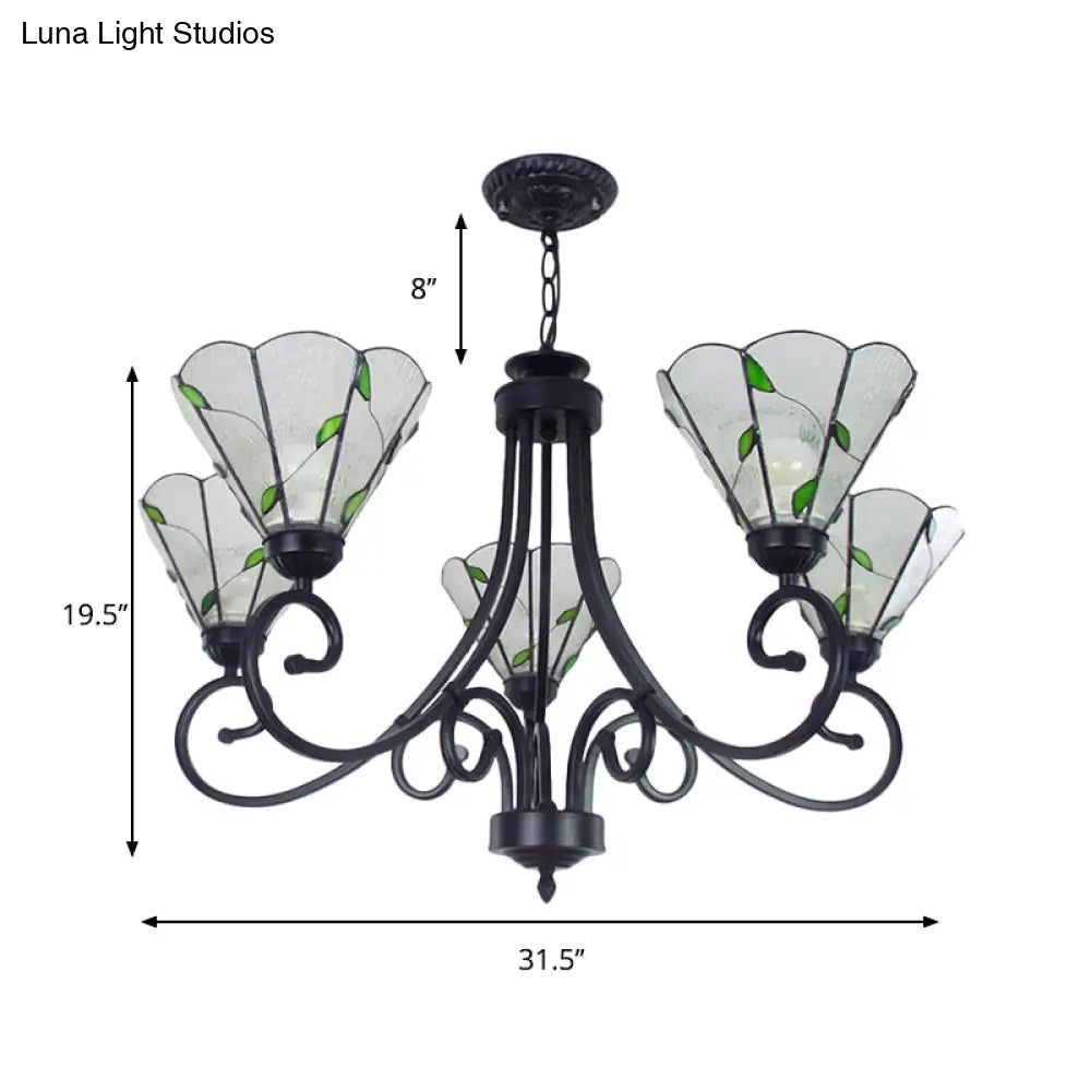 Rustic Black Leaf Pendant Light With Clear Glass And 5 Dimpled Lights