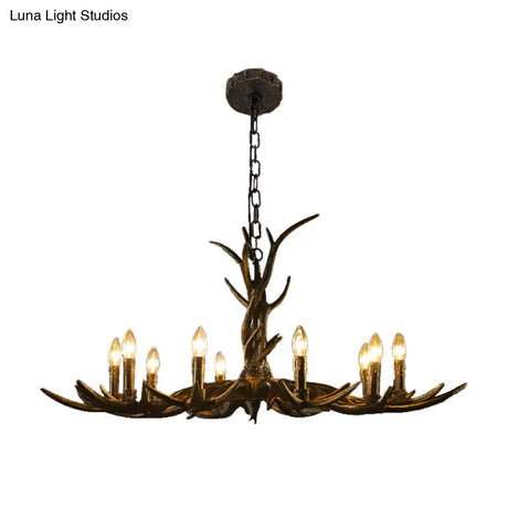 Rustic Chandelier Pendant With Resin Antler In Brass - 6/8/10-Light For Study Suspension