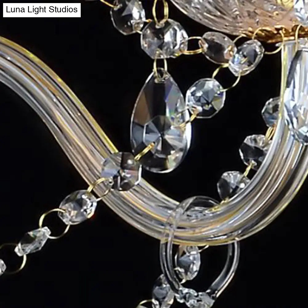 Rustic Clear Crystal Pendant Chandelier: 6/8/10 Heads Beige Hanging Ceiling Light With Fabric Shade