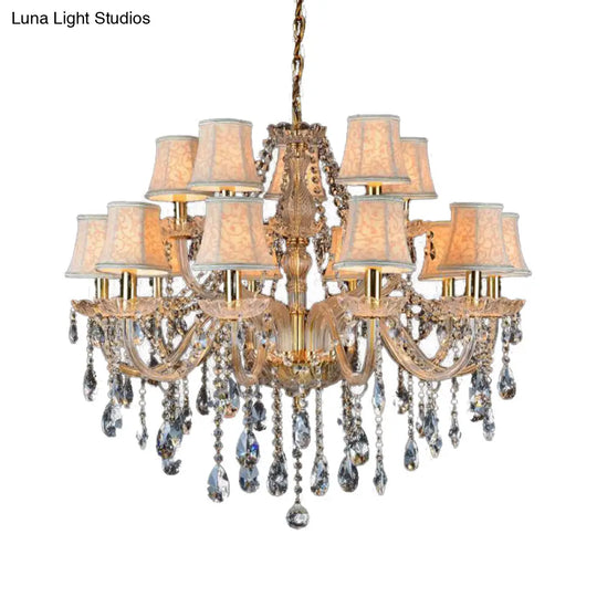 Rustic Clear Crystal Pendant Chandelier: 6/8/10 Heads Beige Hanging Ceiling Light With Fabric Shade