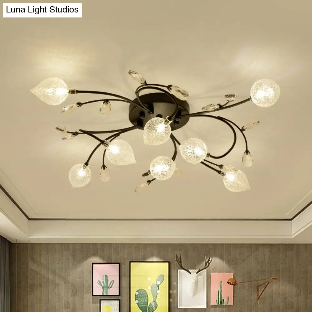 Rustic Clear Glass Sputnik Semi Flush Light With Crystal Deco - Black/Gold Finish