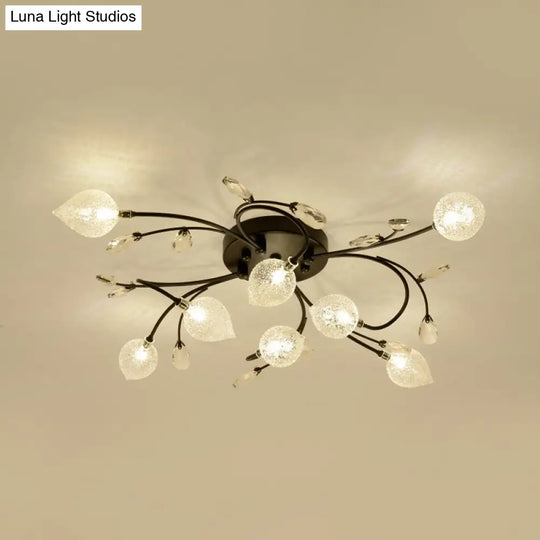 Rustic Clear Glass Sputnik Semi Flush Light With Crystal Deco - Black/Gold Finish