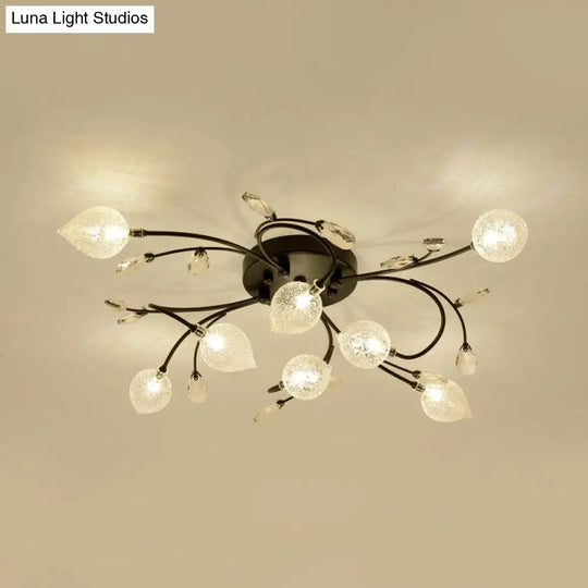Sputnik Rustic Clear Glass Semi Flush Ceiling Light With Crystal Deco - 8/12-Head Black/Gold