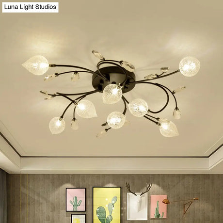 Rustic Clear Glass Sputnik Semi Flush Light With Crystal Deco - Black/Gold Finish
