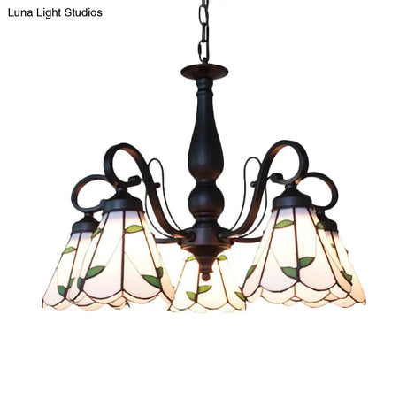 Rustic Cone Pendant Light With Gooseneck Rhombus/Leaf Pattern - 5 Lights Stained Glass Chandelier
