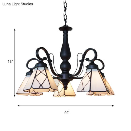 Rustic Cone Pendant Light With Gooseneck Rhombus/Leaf Pattern - 5 Lights Stained Glass Chandelier