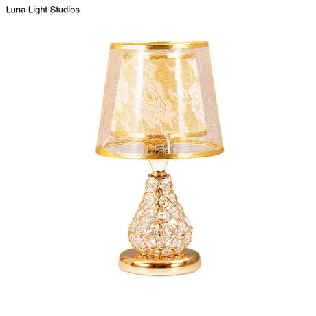 Rustic Conical Fabric Night Lamp With Crystal-Encrusted Gold Base