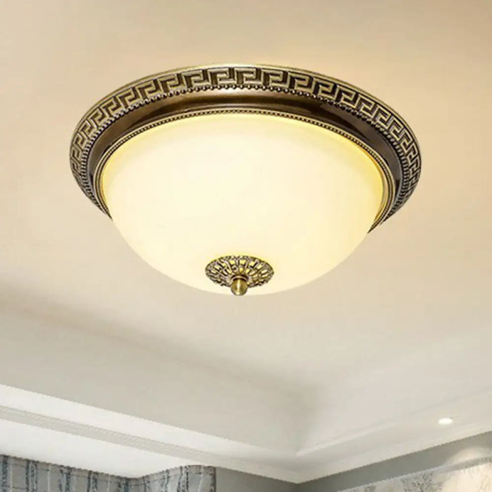 Rustic Cream Glass & Brown Led Flush Ceiling Light Fixture For Living Room Bowl Shade Design