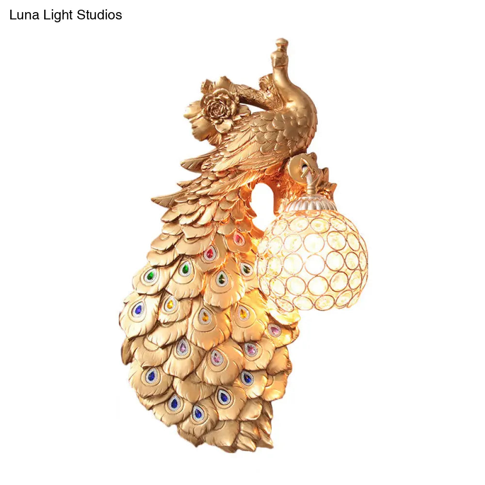 Rustic Crystal Ball Sconce: Peacock & Rose Decor Single Bulb Wall Mounted Light In White/Blue/Green