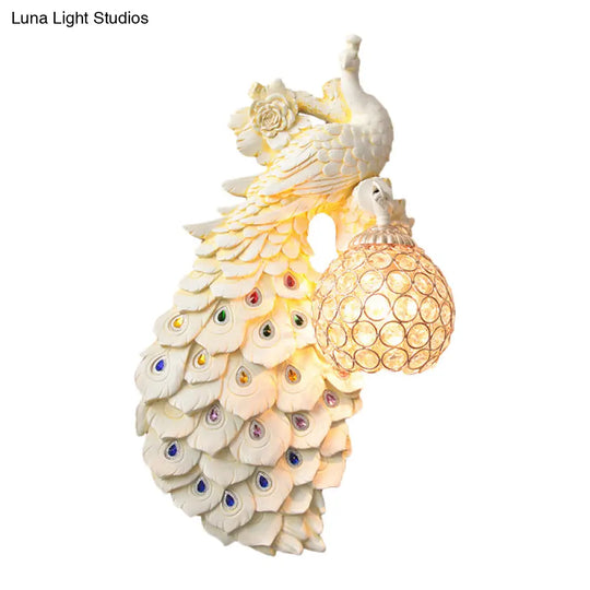 Rustic Crystal Ball Sconce: Peacock & Rose Decor Single Bulb Wall Mounted Light In White/Blue/Green