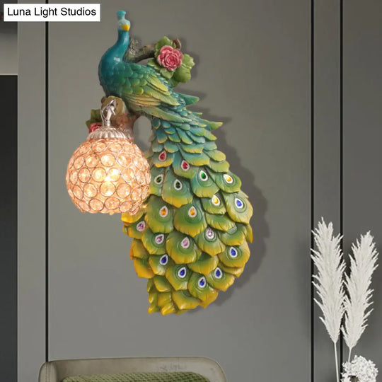 Rustic Crystal Ball Sconce: Peacock & Rose Decor Single Bulb Wall Mounted Light In White/Blue/Green